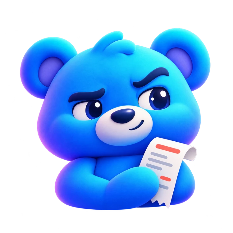 Dr Judgy, a blue bear holding a receipt