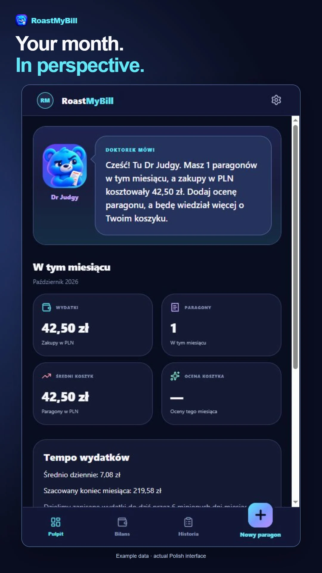 RoastMyBill dashboard showing spending, receipt count and average basket value.